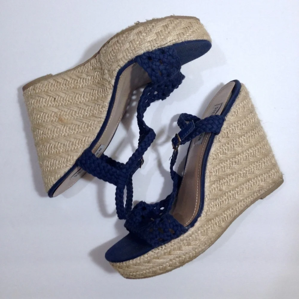 Steve Madden Navy Crochet Espadrille Wedge Sandals with Braided Jute Heel